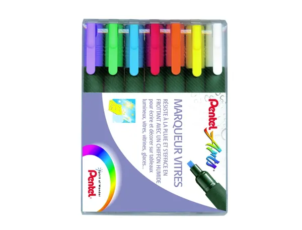 Marqueur pentel vitre effacable encre resistante    pluie pointe biseaute 2mm     coloris assortis pochette 7 — Non classé