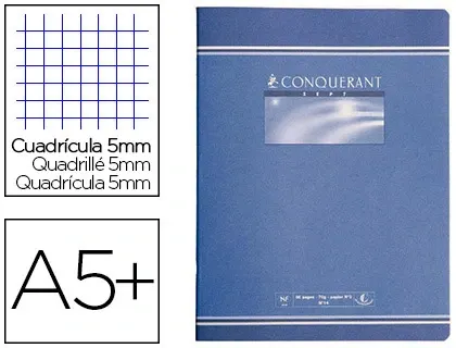 Cahier piqué conquérant sept couverture offset a5+ 17x22cm 96 pages 70g 5x5mm — Non classé
