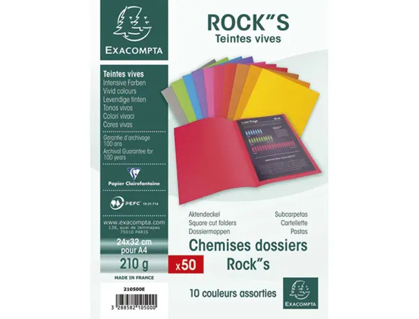 Paquet de 10 chemises 210g ROCK"S format 24x32 cm, coloris assortis, EXACOMPTA — Classement & archivage