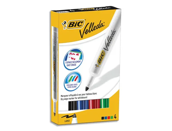 Marqueur Bic Velleda 1711 Effaçable Pointe Ogive Tracé 2mm Corps Plastique Encre Cétone Boîte 4 Unités — Fournitures