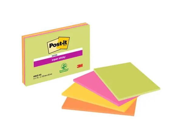 Bloc-notes post-it super sticky grand format 203x152mm meeting notes 45f coloris néon vert/jaune/orange/fuchsia 4 blocs —…