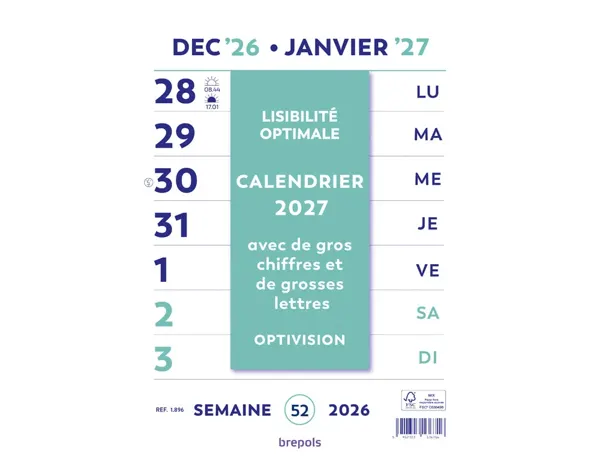 Calendrier brepols optivision caractères agrandis 21x29,7 cm1 semaine/page — Non classé