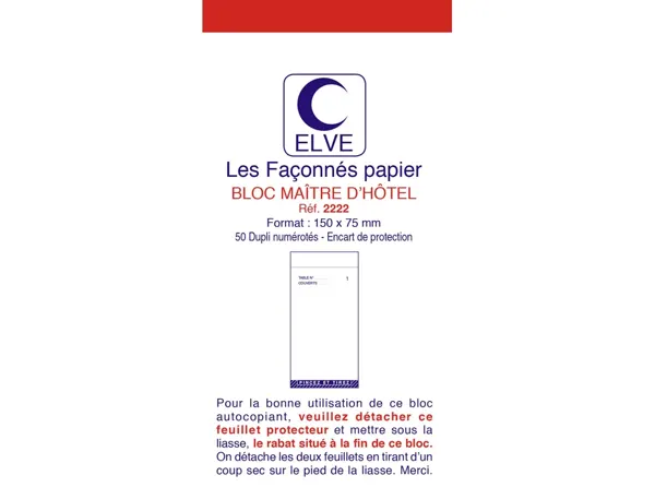 Bloc maître d'hôtel elve papier autocopiant numéroté 1/50 75x150mm 50 duplis bleu rouge — Non classé