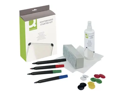 Kit nettoyage q-connect tableau blanc 1 flacon 250ml 4 marqueurs 10 aimants 1 brosse rechargeable 5 lingettes — Non classé