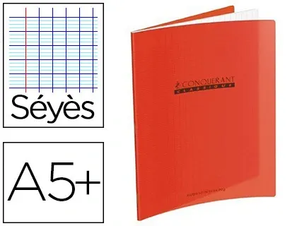 Cahier piqué conquérant classique couverture polypropylène rigide transparente a5+ 17x22cm 32 pages 90g séyès rouge — Non…