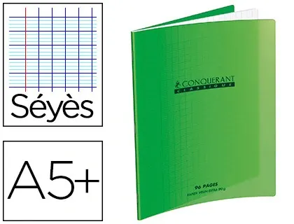 Cahier piqué conquérant classique couverture polypropylène rigide transparente a5+ 17x22cm 32 pages 90g séyès vert — Non…