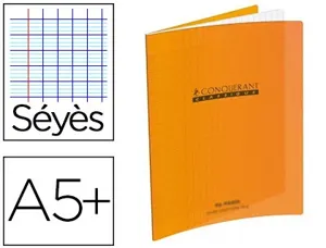 Cahier piqué conquérant classique couverture polypropylène rigide transparente a5+ 17x22cm 32 pages 90g séyès orange — Non…