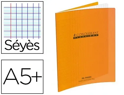 Cahier piqué conquérant classique couverture polypropylène rigide transparente a5+ 17x22cm 32 pages 90g séyès orange — Non…