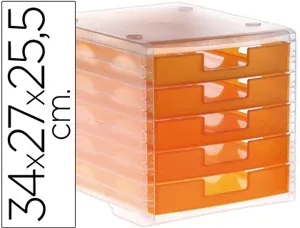 Module classement q-connect 5 tiroirs ouverts base 340x270x260mm butée sécurité coloris orange translucide — Non classé