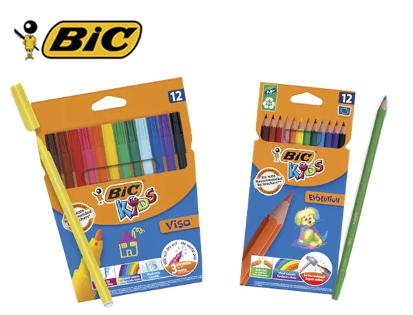 Lot scolaire bic kids special elementaire 24 etuis 12 feutres visa + 24 etuis 12 crayons couleur evolution eco 48 kits —…