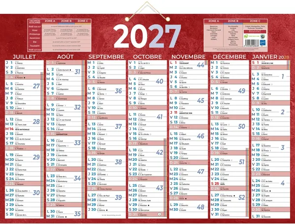 Calendrier classique bouchut 2027 7 mois recto/verso 2     oeillets et 1 cordonnet       385x540mm coloris rouge — Non classé