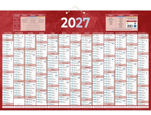 Calendrier classique bouchut 2027 13 mois sur une face 2   oeillets et 1 cordonnet       430x650mm coloris rouge — Non classé
