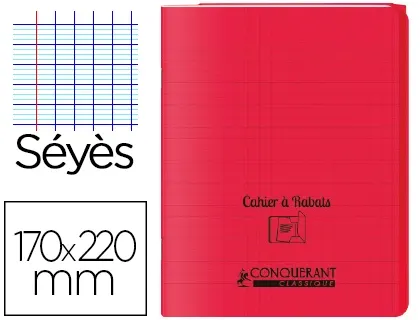 Piqûre 96 pages avec 2 rabats, format 17x22 cm, seyès 90g, couverture polypropylène rouge, CONQUERANT CLASSIQUE — Papier…