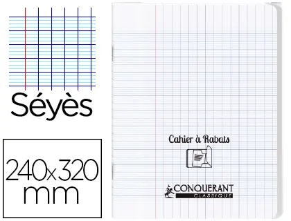 Piqûre 96 pages avec 2 rabats, format 24x32 cm, seyès 90g, couverture polypropylène incolore, CONQUERANT CLASSIQUE —…
