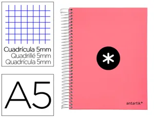 Cahier spirale antartik a5 240p 90g remborde quadrillage 5mm microperfore 5 bandes 6   trous coloris corail — Non classé
