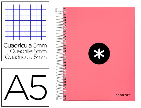 Cahier spirale antartik a5 240p 90g remborde quadrillage 5mm microperfore 5 bandes 6   trous coloris corail — Non classé