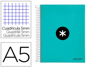 Cahier spirale antartik a5 240p 90g remborde quadrillage 5mm microperfore 5 bandes 6   trous coloris menthe — Non classé