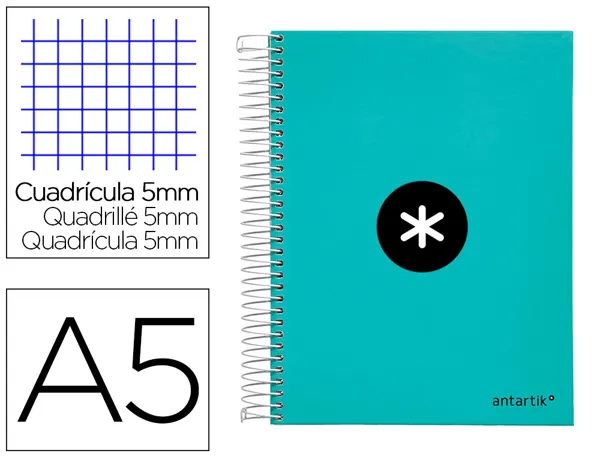 Cahier spirale antartik a5 240p 90g remborde quadrillage 5mm microperfore 5 bandes 6   trous coloris menthe — Non classé