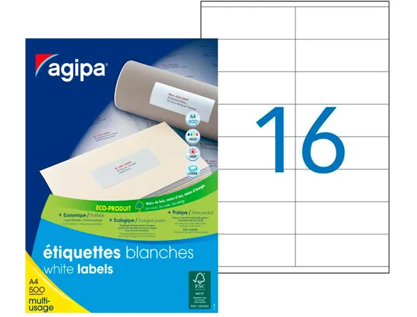 Étiquette adhésive apli agipa multi-usage 105x35mm coins droits boîte 8000 unités 500 feuilles — Non classé