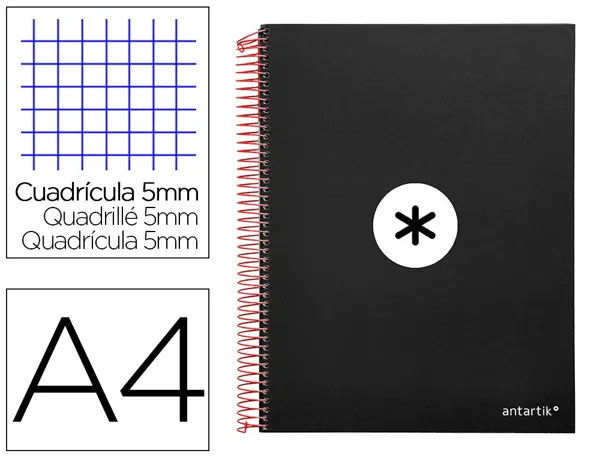 Cahier spirale antartik a4 240p 90g couverture rembordee quadrillage 5mm 4 trous       coil-lock coloris noir — Non classé