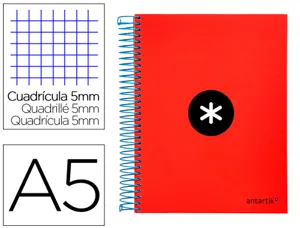 Cahier spirale antartik a5 240p 90g couverture rembordee quadrillage 5mm 6 trous       coil-lock coloris rouge — Non classé