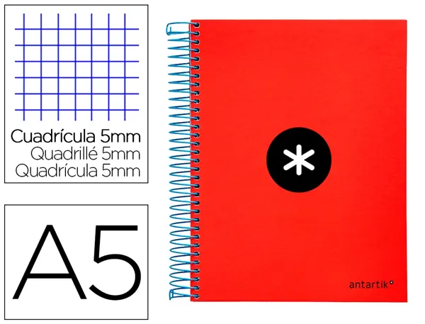 Cahier spirale antartik a5 240p 90g couverture rembordee quadrillage 5mm 6 trous       coil-lock coloris rouge — Non classé