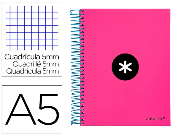 Cahier spirale antartik a5 240p 90g couverture rembordee quadrillage 5mm 6 trous       coil-lock coloris rose fluo — Non…