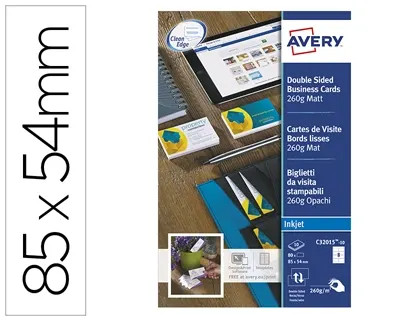 Carte Visite Avery Impression Jet D'encre Recto Verso 260g/M2 85x54 mm Bords Lisses Blanc Mat Pochette 80 Unités —…