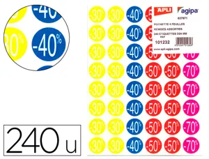 Étiquette adhésive apli pré-imprimée remise -30% -40% -50% -70% permanente coloris assortis 240 pastilles — Non classé