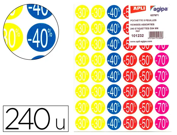 Étiquette adhésive apli pré-imprimée remise -30% -40% -50% -70% permanente coloris assortis 240 pastilles — Non classé