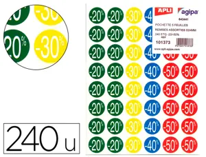 Étiquette adhésive apli pré-imprimée remise -20% -30% -40% -50% permanente coloris assortis 240 pastilles — Non classé