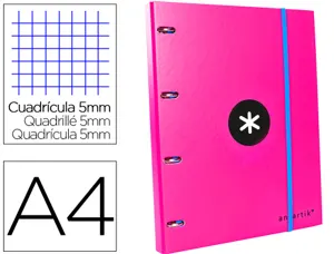 Classeur antartik 4 anneaux ronds 25mm a4 carton rembordé feuillets mobiles quadrillage 5mm coloris rose — Non classé