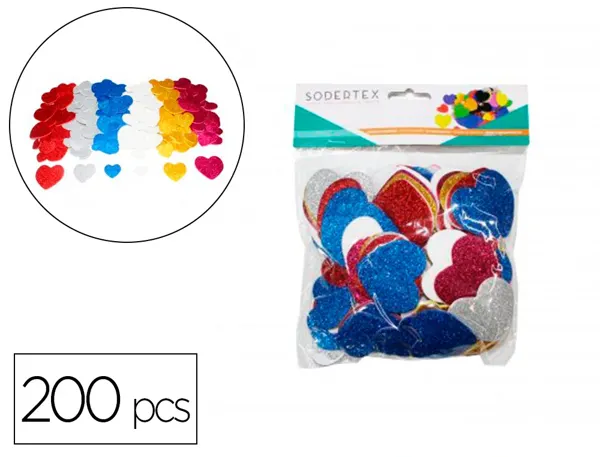 Coeurs Sodertex En Mousse Eva Pailletee Adhesive 2mm 4 Tailles 200 Pcs 6 Coloris Assortis — Activités artistiques