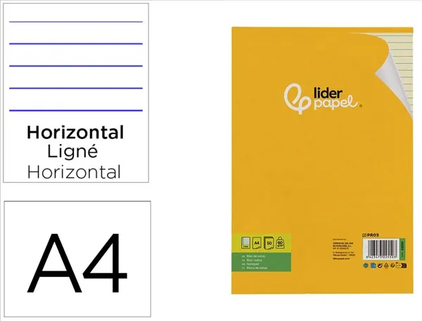 Bloc-notes liderpapel encollé a4 210x297mm 50f 60g/m2 ligné marge feuilles jaunes — Non classé