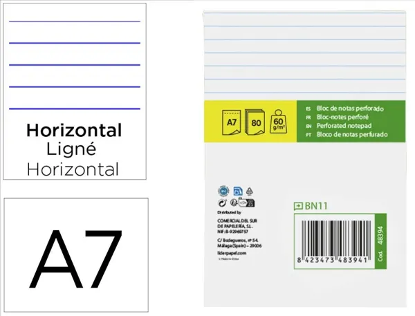 Bloc notes liderpapel perforé ligné a7 105x74mm couverture  en carton imprimé 250g/m2     80f 60g/m2 — Non classé