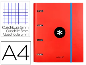 Classeur antartik 4 anneaux ronds 40mm a4 carton remborde feuillets mobiles quadrillage 5mm coloris rouge — Non classé
