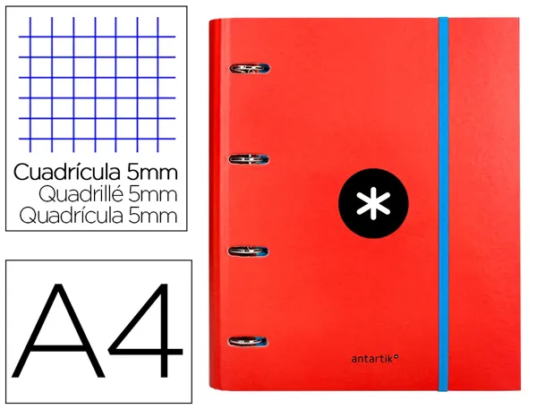 Classeur antartik 4 anneaux ronds 40mm a4 carton remborde feuillets mobiles quadrillage 5mm coloris rouge — Non classé