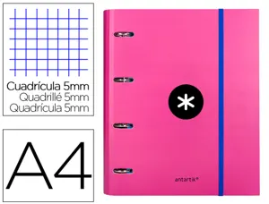 Classeur antartik 4 anneaux ronds 40mm a4 carton remborde feuillets mobiles quadrillage 5mm coloris rose — Non classé