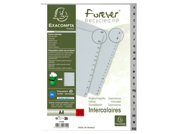 Jeu de 20 intercalaires alphabétiques en polypropylène gris recyclé, format A4, EXACOMPTA — Classement & archivage — vue 3