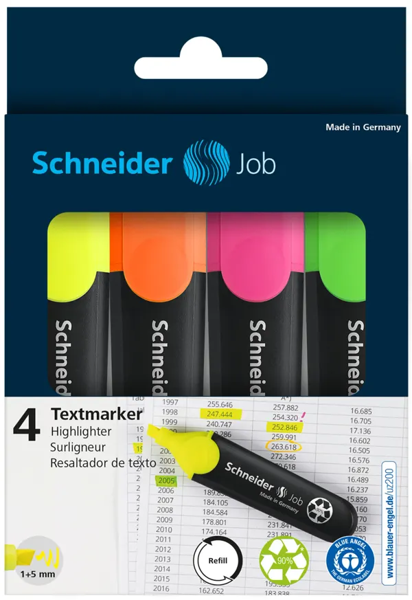 Surligneur Schneider Job Pointe Biseautée Rechargeable Avec Maxx 660 Refill Station Pochette 4 Coloris Assortis —… — vue 3
