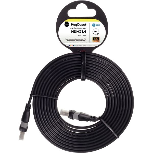 Cordon HDMI 1.4 3m noir plat, N.C — INFORMATIQUE