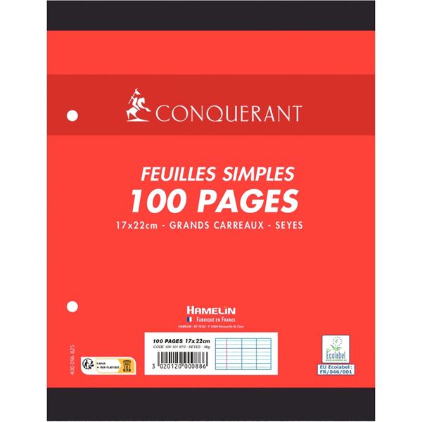 Sachet de 50 feuillets mobiles, format 17x22 cm, seyès, papi, CONQUERANT SEPT — CLASSEMENT