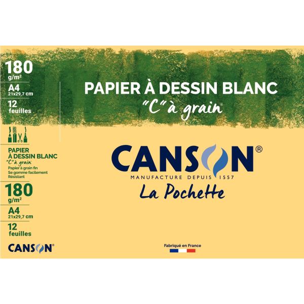 Pochette de 12 feuilles à dessin C à grain 180g format A4, CA GRAIN — DESSIN SCOLAIRE ET PROFESSIONNEL