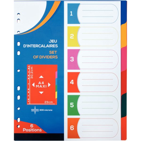 Jeu de 6 intercalaires en polypropylène 30/100 ème, format A4, N.C — CLASSEMENT