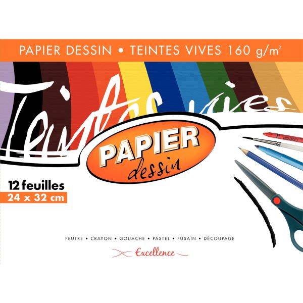 Pochette de 12 feuilles à dessin 160g 24x32 cm couleurs vives, EXCELLENCE — DESSIN SCOLAIRE ET PROFESSIONNEL