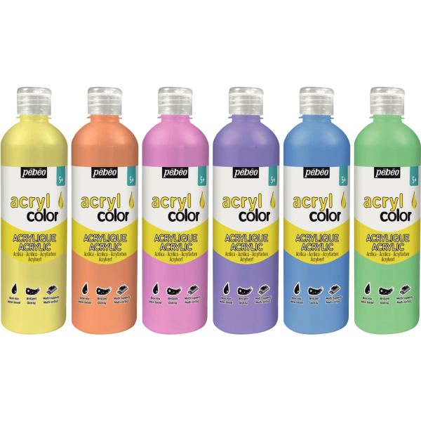 Carton de 6 flacons 500ml de peinture ACRYLCOLOR couleurs pastel assorties — Non classé