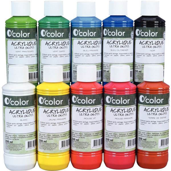 Lot de 10 flacons 250 ml de peinture acrylique O'COLOR, coul — DESSIN SCOLAIRE ET PROFESSIONNEL