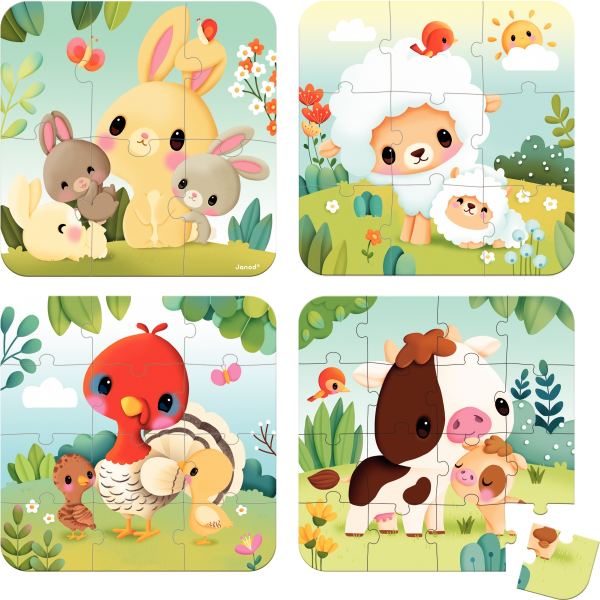 Boite de 4 puzzles progressifs, les animaux de la ferme, JANOD — JEUX