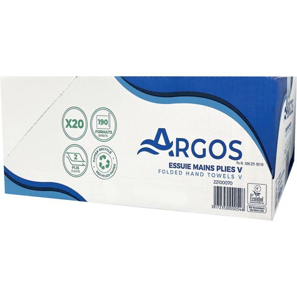 Cartons de 3 800 essuie main pliage V blanc, ARGOS — SERVICES GENERAUX