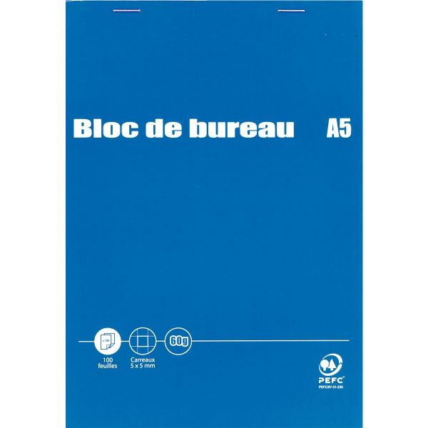 Bloc de bureau 100 feuilles, format A5, quadrillé 5x5, papie, N.C — CAHIERS ET DERIVES DE PAPIER